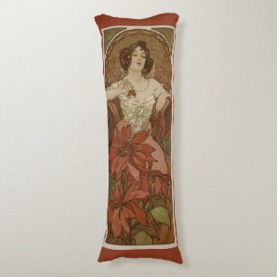 Coussins Longs Art Nouveau Ruby Alphonse Mucha Floral Vintage