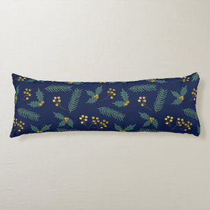 Coussins Longs Baies de houx élégantes Noël botanique bleu or