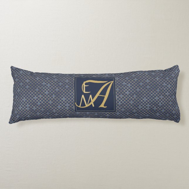 Coussins Longs Balances de sirène Monogramme Marine Bleu Or Décor (Devant)