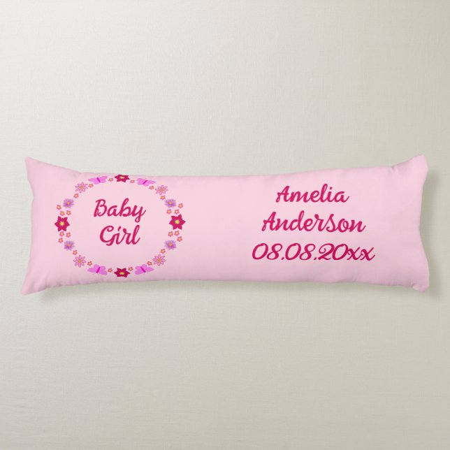 Coussins Longs Bébé rose Papillons et fleurs personnalisés (Devant)