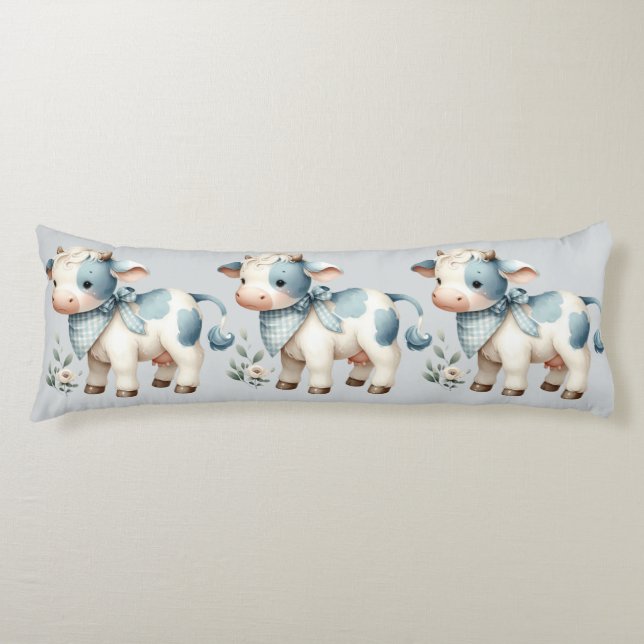 Coussins Longs Bébé Vache Gingham Bleu Pastel Esthétique Ferme (Devant)