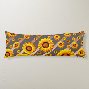 Coussins Longs Belles fleurs jaunes sur gris, rayures marron