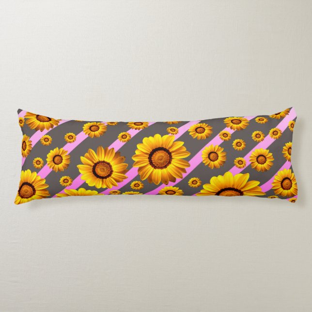 Coussins Longs Belles fleurs jaunes sur gris, rayures roses (Devant)