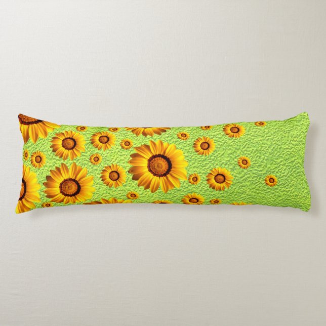 Coussins Longs Belles fleurs jaunes sur vert abstrait (Devant)