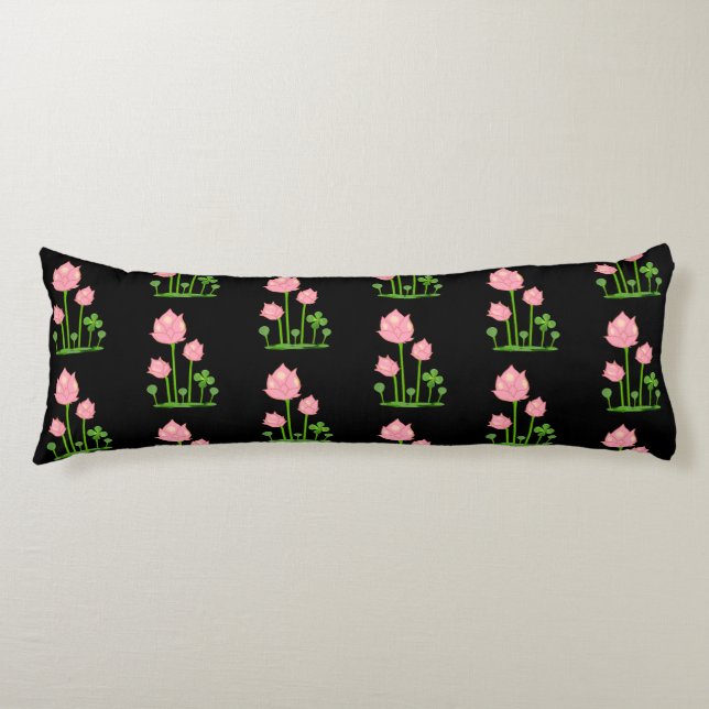 Coussins Longs Belles fleurs roses sur un oreiller corps noir (Devant)