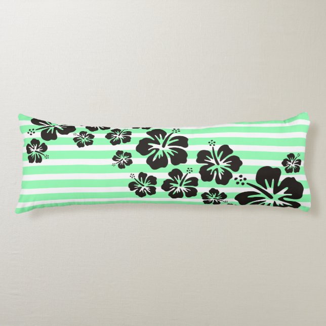Coussins Longs BG Stripes Motif blanc étroit + fleurs d'hibiscus (Devant)
