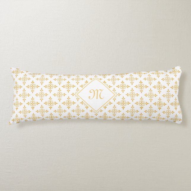 Coussins Longs Blanc de luxe et or Quatre de monogramme floral (Devant)