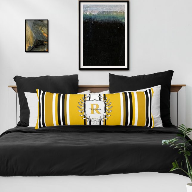 Coussins Longs Blason de monogramme jaune et noir rayures nom de  (Créateur téléchargé)