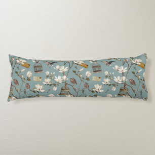 Coussins Longs Bosquet de magnolias avec des hiboux en bleu œuf d