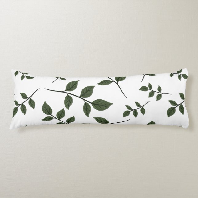 Coussins Longs Branches de feuillage avec Feuilles verts en blanc (Devant)