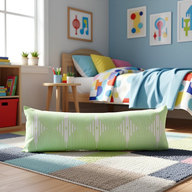 Coussins Longs Brutalist Pulse: Pistaccio Green & White (Side Sleeper Pillow on the Ground in a Youth Room)