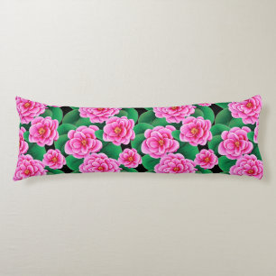 Coussins Longs Camellias rose Fuchsia et Feuilles verts Jade