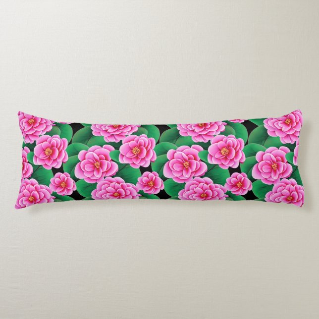 Coussins Longs Camellias rose Fuchsia et Feuilles verts Jade (Devant)