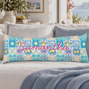 Coussins Longs Carreau d'Amalfi Azulejo Turquoise Sicilien d'Été