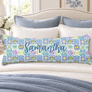 Coussins Longs Carreau de motif sicilien bleu chic d'Amalfi en ma