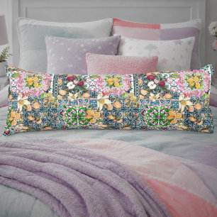 Coussins Longs Carreaux Floraux de Citron Sicilien Bleu Chic Rose