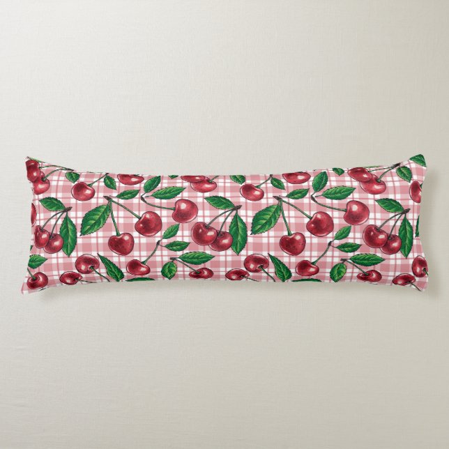 Coussins Longs Cerises rouges sur en vichy rose (Devant)
