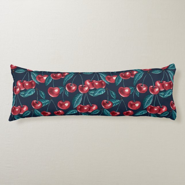 Coussins Longs Cerises rouges sur fond bleu foncé (Devant)