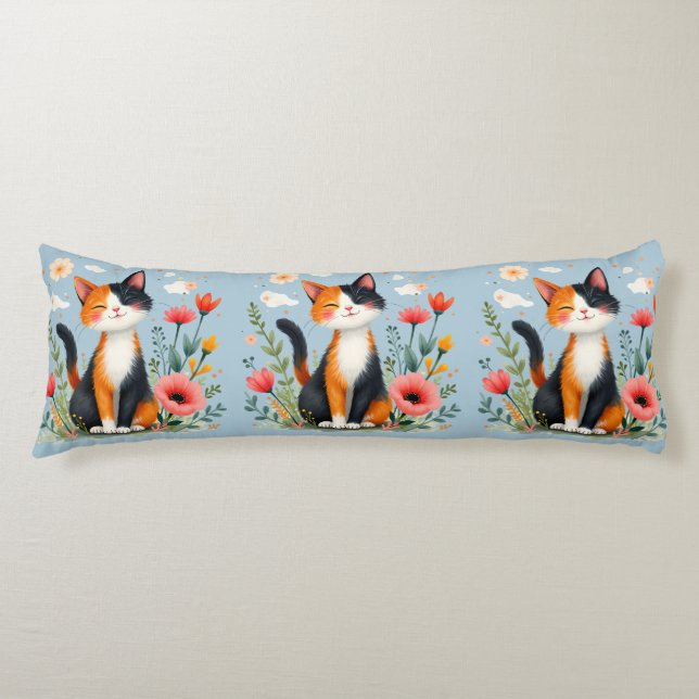 Coussins Longs Chat calicot souriant dans un jardin fleuri (Devant)