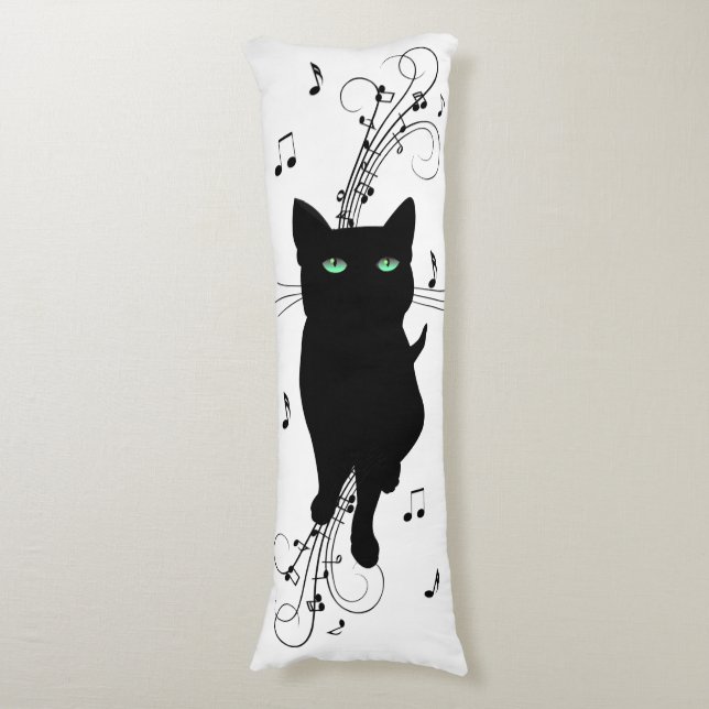 Coussins Longs Chat noir entouré de notes de musique murmurantes (Devant (Vertical))