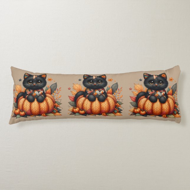Coussins Longs Chat noir sur Citrouille avec Motif de courtepoint (Devant)