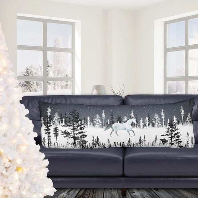 Coussins Longs Cheval Blanc Nuit neigeuse Forêt de pins orientaux (White Horse Snowy Night Eastern Pine Tree Forest Body Pillow)