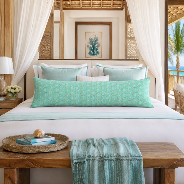 Coussins Longs Chic Aqua Bleu Géométrique Or  (Contemporary Chic Turquoise Blue and Gold Body Pillow )