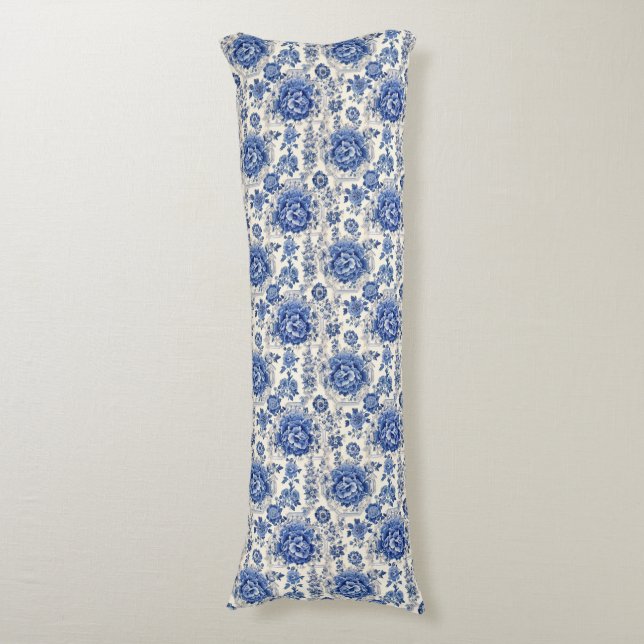 Coussins Longs Chic Bleu blanc à fleurs chinoiserie toile monogra (Devant (Vertical))