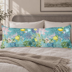 Coussins Longs Chic Bleu Turquoise Floral Citrus Sicilien