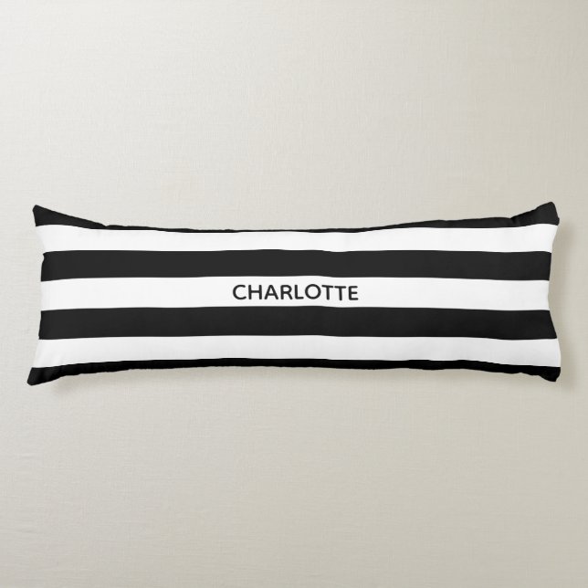 Coussins Longs Chic rayures noir et blanc nom personnalisé monogr (Devant)