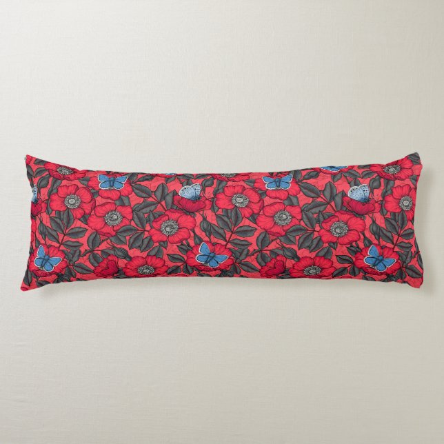 Coussins Longs Chien rose et papillons en rouge et bleu (Devant)