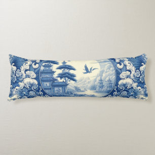 Coussins Longs Chinoiserie Bleu Blanc Asiatique Pagode Grues du l