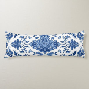 Coussins Longs Chinoiserie Florale Bleue Aquarelle Blanche
