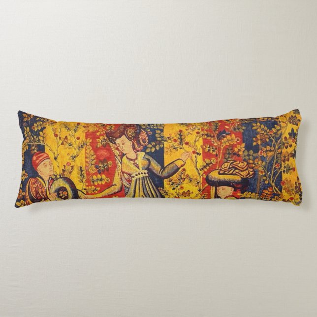 Coussins Longs Chinoiserie Italienne Médiévale Rouge Bleu Jaune  (Devant)