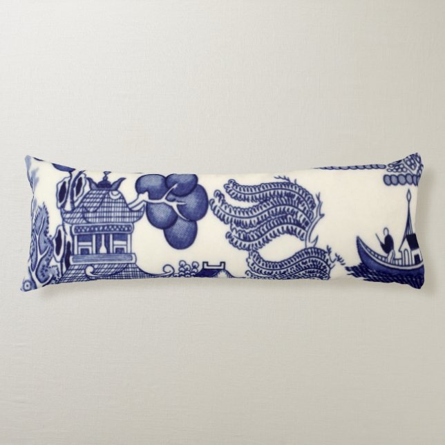 Coussins Longs Chinoiserie orientale bleue et blanche (Devant)