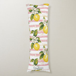 Coussins Longs Citrons et fleurs vintages sur bandes rose et blan