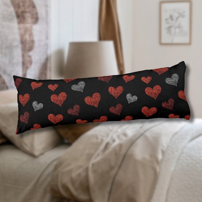 Coussins Longs Cœurs de paillettes argentées sur fond noir de Bou (Créateur téléchargé)