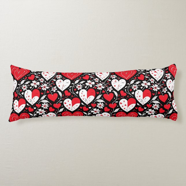 Coussins Longs Coeurs et fleurs rouges, noirs et blancs (Devant)