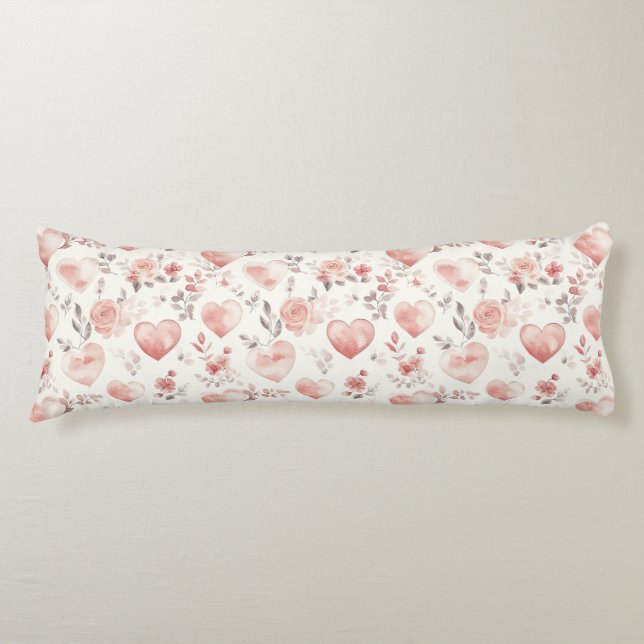 Coussins Longs Cœurs Roses Fleurs Roses Rose Romantique (Devant)