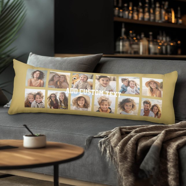 Coussins Longs Collage de 12 photos avec fond doré (Custom Photo Collage and Monogram Body Pillow)