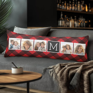 Coussins Longs Collage de photos - Monogramme rouge noir plaid de