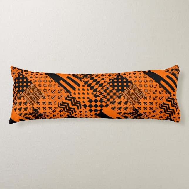 Coussins Longs Conception de Patchwork Motif mixte orange noir (Devant)