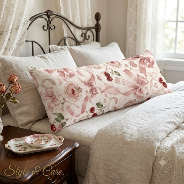 Coussins Longs Coquette Vintage Rose Bow & Cerise Esthétique (Vintage Coquette Pink Bow & Cherry Aesthetic Body Pillow)