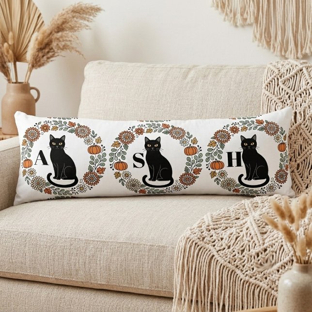 Coussins Longs Couronne botanique de l'art avec 3 chats noirs Mon (Vintage 3 Black Cats Botanical Art Wreath Monogram Body Pillow)