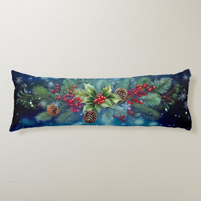 Coussins Longs Couronne de Noël pin et houx avec neige (Devant)