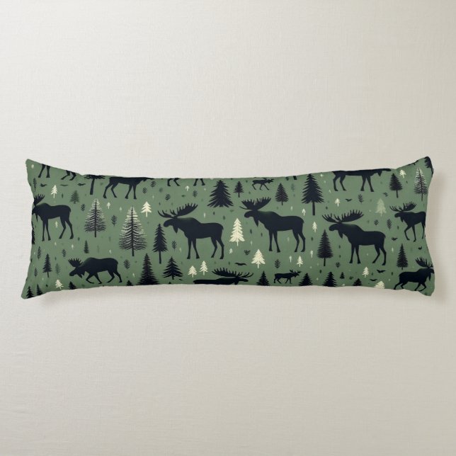 Coussins Longs Cozy Moose et forêt de pins vert (Devant)