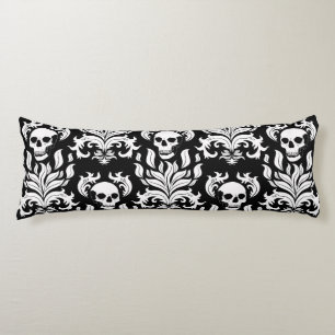 Coussins Longs Crâne flamme Damas en blanc foncé sur noir