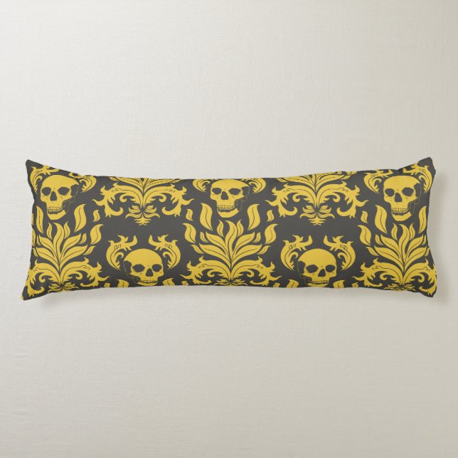 Coussins Longs Crâne flamme Damas en moody jaune sur gris foncé (Devant)