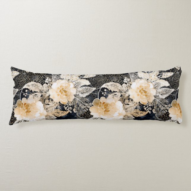 Coussins Longs Crème noire sauvage Léopard Animal Floral (Devant)