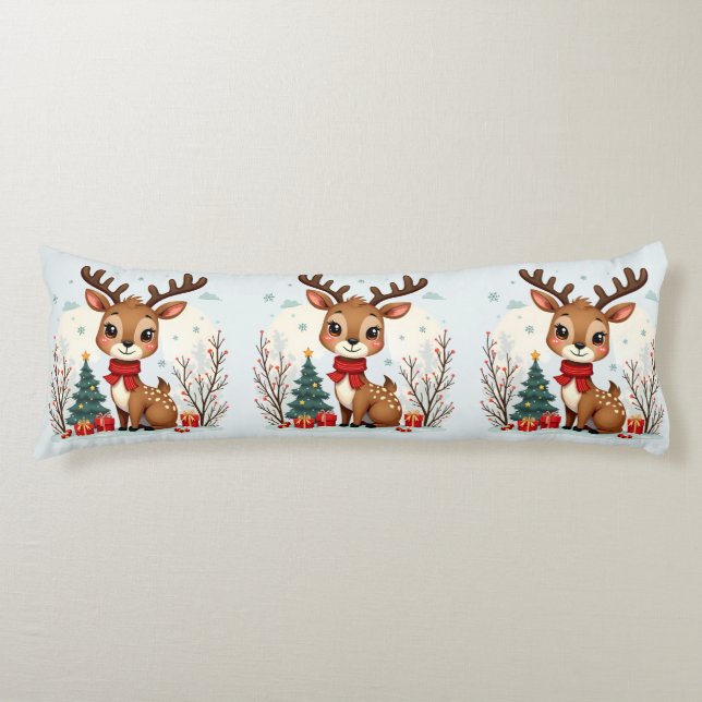 Coussins Longs Cute Christmas Reindeer Scene Snowy Forest (Devant)